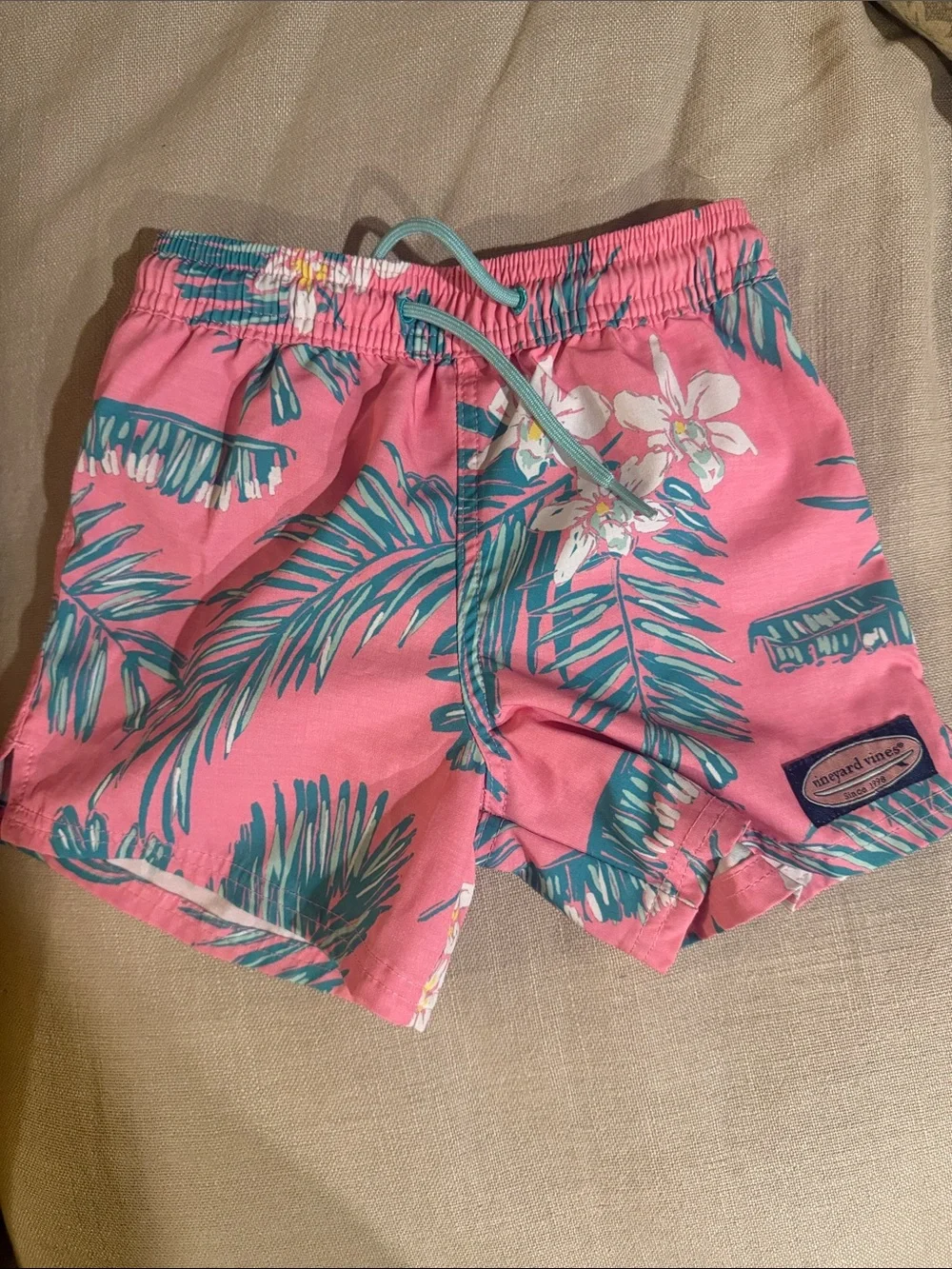 Vineyard Vines Pink Swim Trunks with Teal Palm Print
